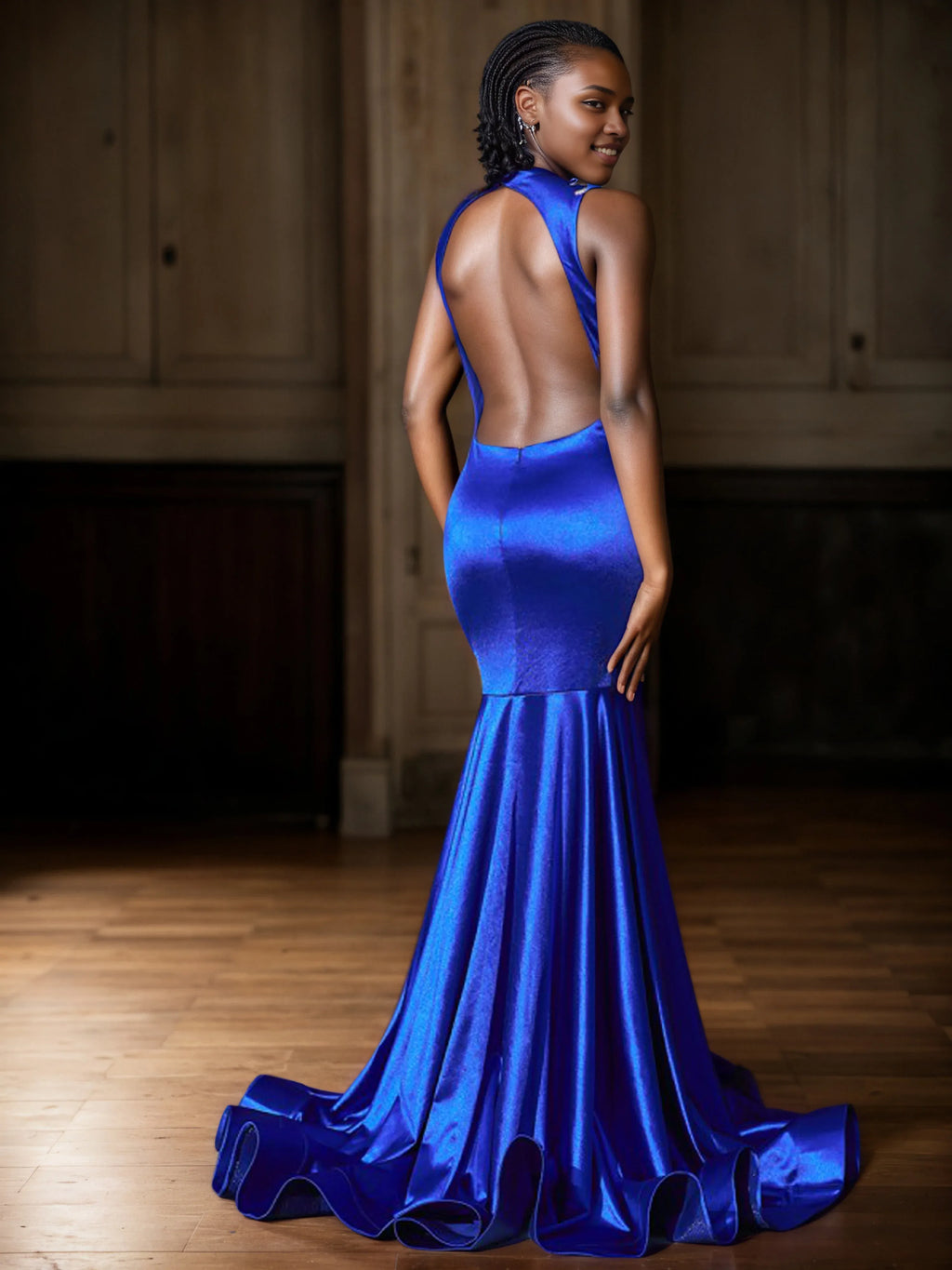 Charming Mermaid Hight Neck Sleeveless Open Back Sweep/Brush Train Prom Dress