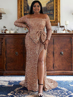 Charming Mermaid Off the Shoulder Long Sleeve Zipper Up Sweep/Brush Train Plus Size Prom Dress
