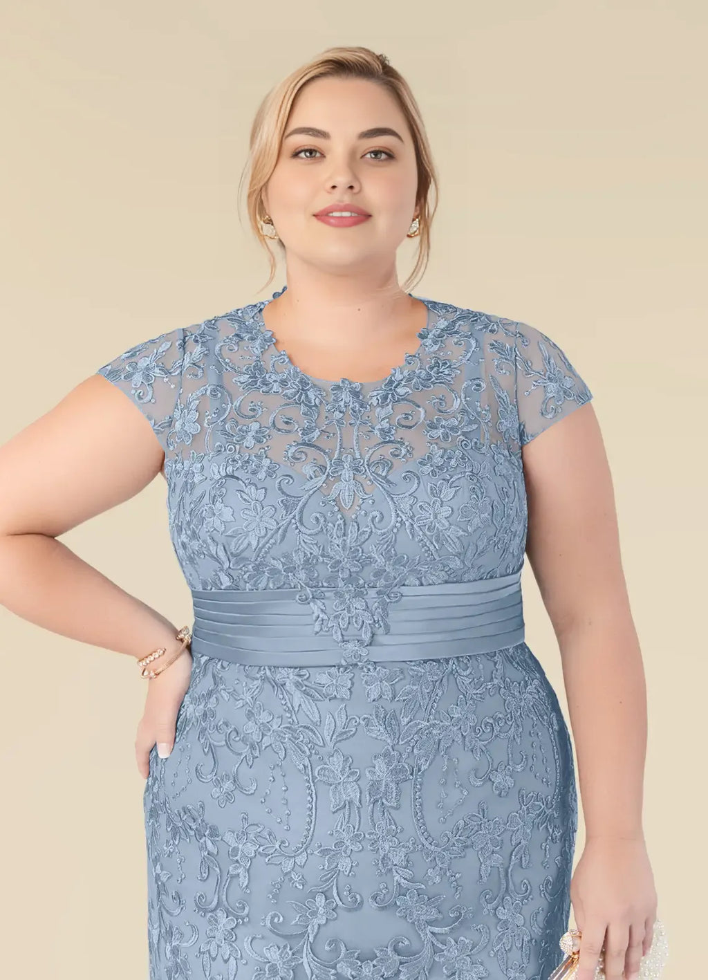 Charming Mermaid Scoop Neck Cap Sleeve Back Zip Floor-Length Plus Size Mother of the Bride Dress