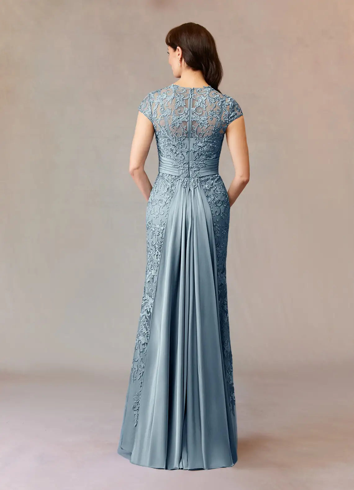 Charming Mermaid Scoop Neck Cap Sleeve Back Zip Floor-Length Mother of the Bride Dress