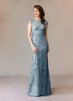Charming Mermaid Scoop Neck Cap Sleeve Back Zip Floor-Length Mother of the Bride Dress