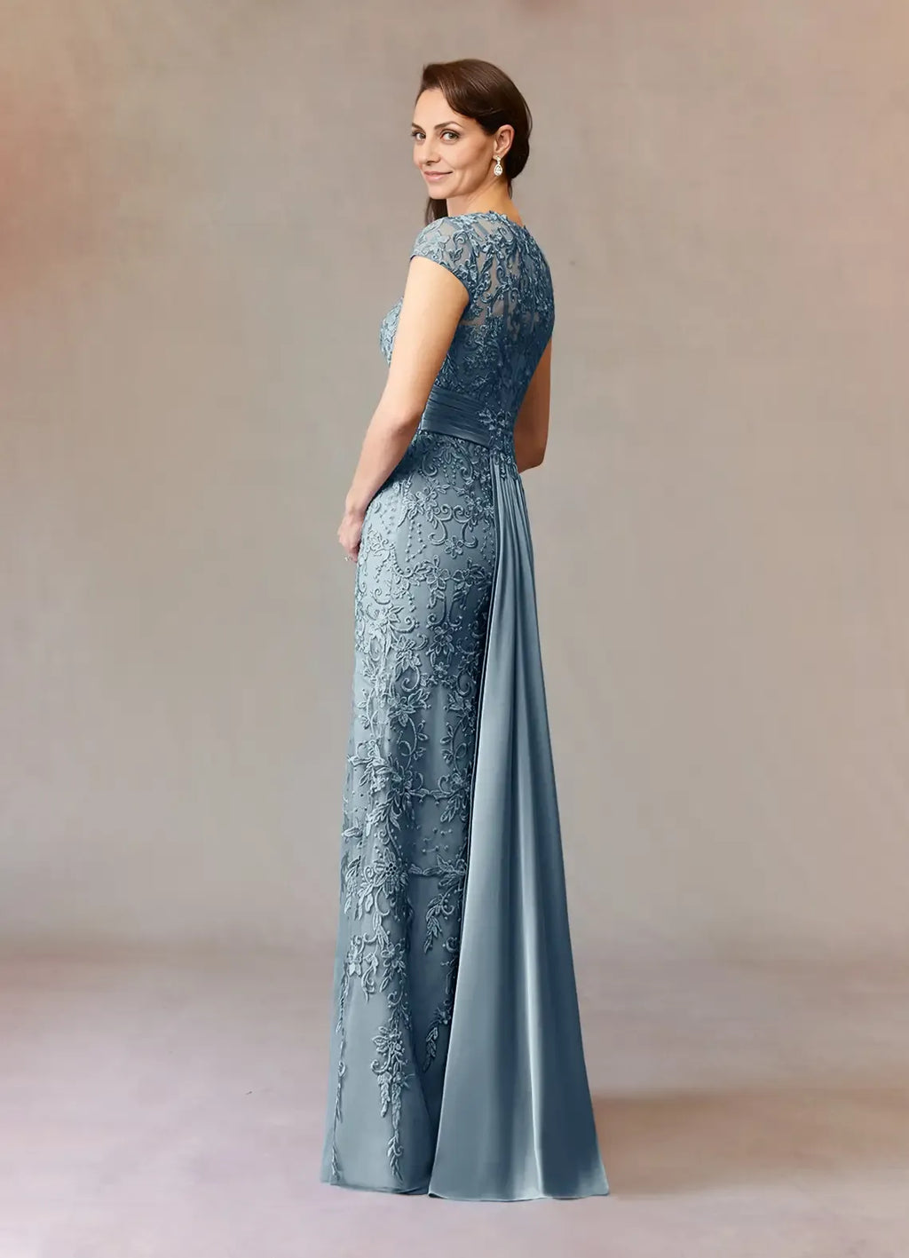 Charming Mermaid Scoop Neck Cap Sleeve Back Zip Floor-Length Mother of the Bride Dress