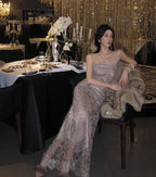 Mermaid Prom Dress With Spaghetti Straps Lace And Sequins Champagne For Prom Night Elegance