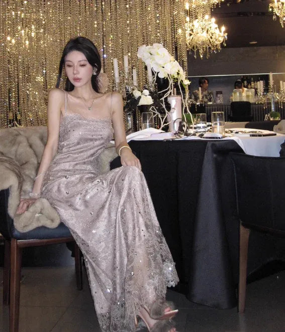 Mermaid Prom Dress With Spaghetti Straps Lace And Sequins Champagne For Prom Night Elegance