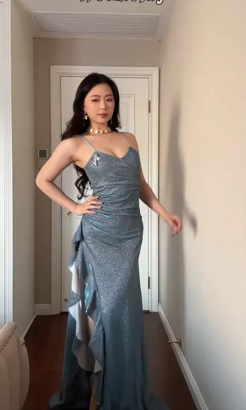 Mermaid Spaghetti Strap Prom Dress With Ruched Bodice And Glitter Blue Train For Elegant Prom Queens