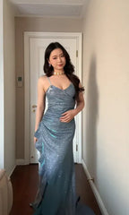 Mermaid Spaghetti Strap Prom Dress With Ruched Bodice And Glitter Blue Train For Elegant Prom Queens