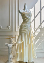Mermaid Prom Dress Pale Yellow With Beaded Floral Appliques Spaghetti Straps Ruffle Hem For Prom Goers