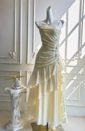 Mermaid Prom Dress Pale Yellow With Beaded Floral Appliques Spaghetti Straps Ruffle Hem For Prom Goers