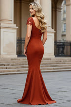 Charming Mermaid Square Neck Cap Sleeve Open Back Sweep/Brush Train Mother of the Bride Dress