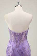 Charming Mermaid Strapless Corset Sequins Appliques Lavender Maxi Prom Dress