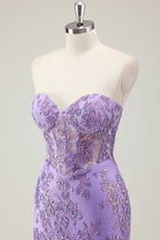 Charming Mermaid Strapless Corset Sequins Appliques Lavender Maxi Prom Dress