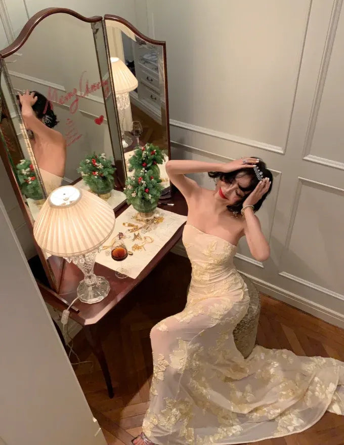 Mermaid Prom Dress Strapless Floral Lace Champagne With Train For Prom Queens Glamour