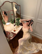Mermaid Prom Dress Strapless Floral Lace Champagne With Train For Prom Queens Glamour