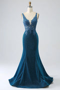 Charming Mermaid/Trumpet V-Neck Sleeveless Appliques Sweep/Brush Train Prom Dress
