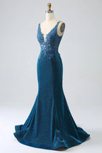 Charming Mermaid/Trumpet V-Neck Sleeveless Appliques Sweep/Brush Train Prom Dress