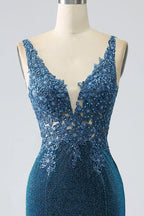 Charming Mermaid/Trumpet V-Neck Sleeveless Appliques Sweep/Brush Train Prom Dress