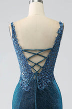 Charming Mermaid/Trumpet V-Neck Sleeveless Appliques Sweep/Brush Train Prom Dress
