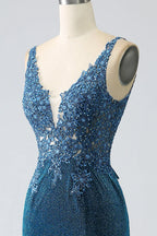 Charming Mermaid/Trumpet V-Neck Sleeveless Appliques Sweep/Brush Train Prom Dress