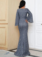 Charming Mermaid V Neck Bell Sleeve Zipper Up Sweep/Brush Train Prom Dress