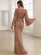 Charming Mermaid V Neck Bell Sleeve Zipper Up Sweep/Brush Train Prom Dress
