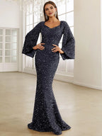 Charming Mermaid V Neck Bell Sleeve Zipper Up Sweep/Brush Train Prom Dress