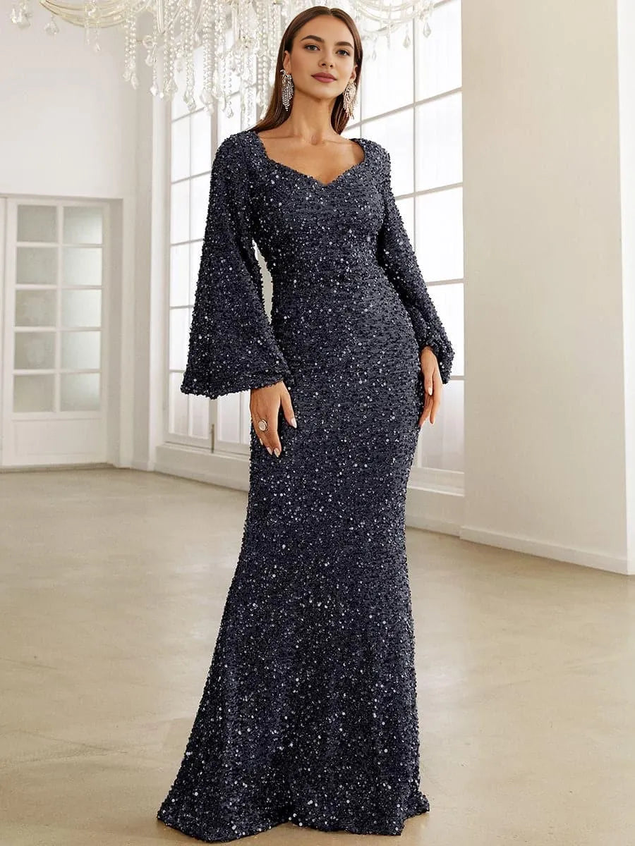 Charming Mermaid V Neck Bell Sleeve Zipper Up Sweep/Brush Train Prom Dress