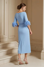 Charming Sheath Boat Neck Long Sleeve Zipper Up Tea-Length Mother of the Bride Dress