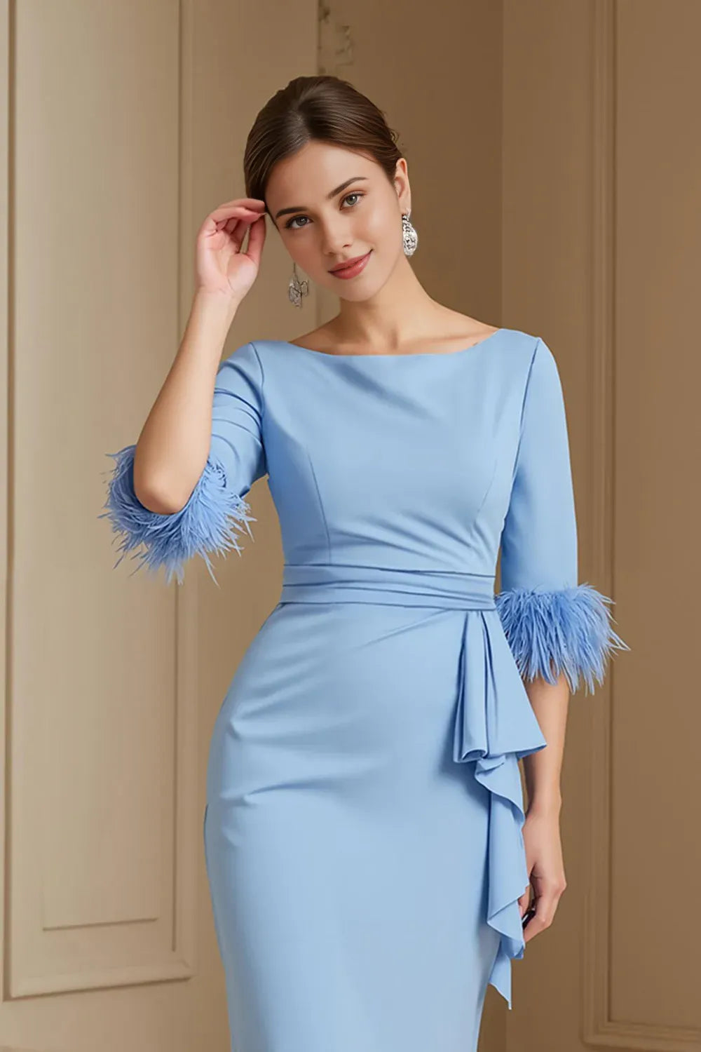 Charming Sheath Boat Neck Long Sleeve Zipper Up Tea-Length Mother of the Bride Dress