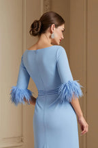 Charming Sheath Boat Neck Long Sleeve Zipper Up Tea-Length Mother of the Bride Dress