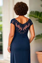 Charming Sheath Illusion Neck Cap Sleeves Zipper Up Floor-Length Mother of the Bride Dress