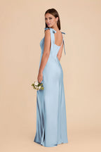 Charming Sky Blue Square Neck Satin Bow-Strap Floor-Length Bridesmaid Dress
