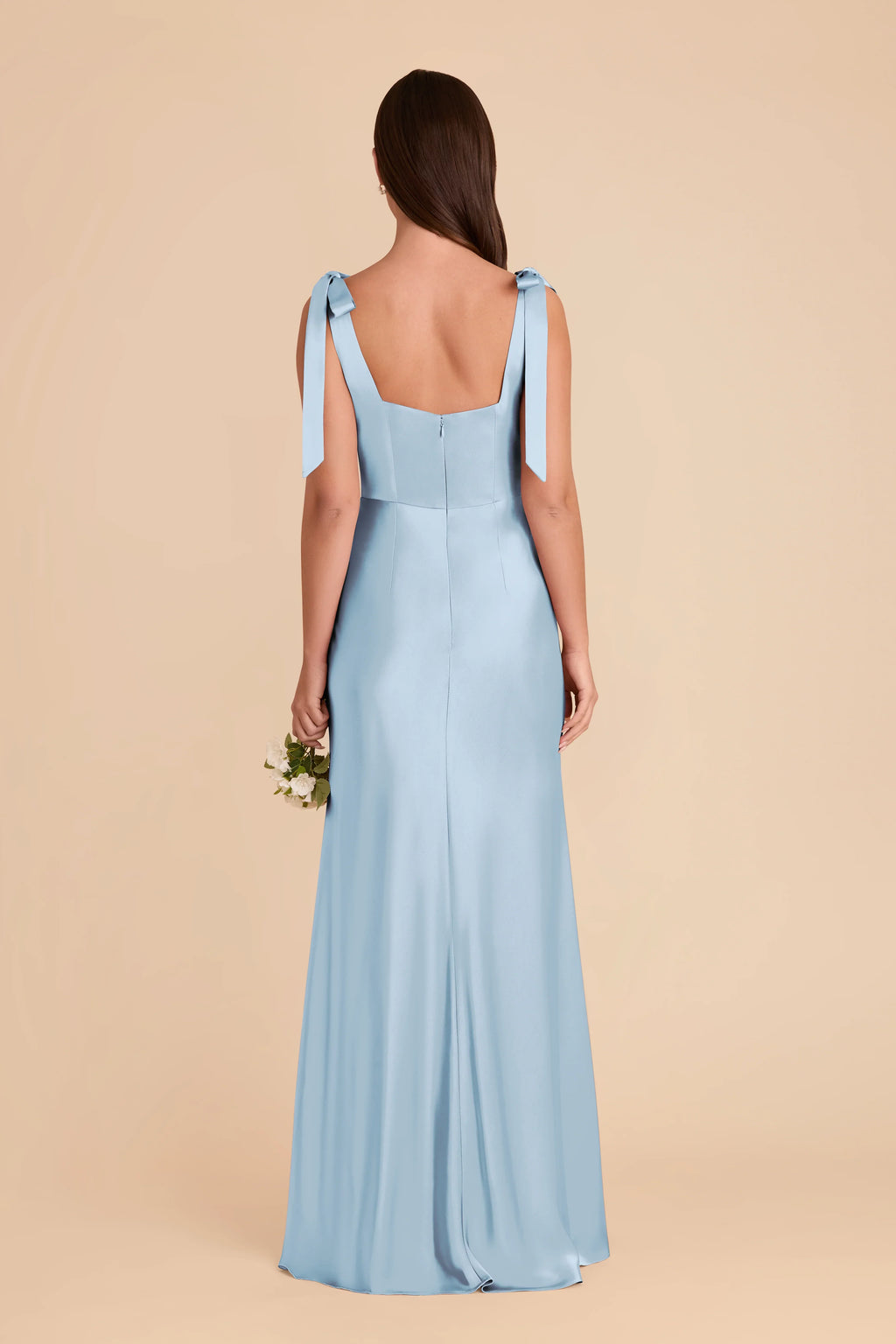 Charming Sky Blue Square Neck Satin Bow-Strap Floor-Length Bridesmaid Dress