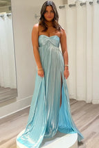 Charming Sweetheart Sleeveless A-Line Metallic Pleated Long Prom Dress