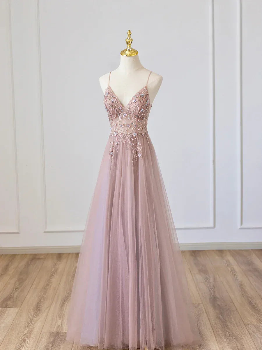 Charming V-Neck Sleeveless A-Line Beaded Floor-Length Prom Dress