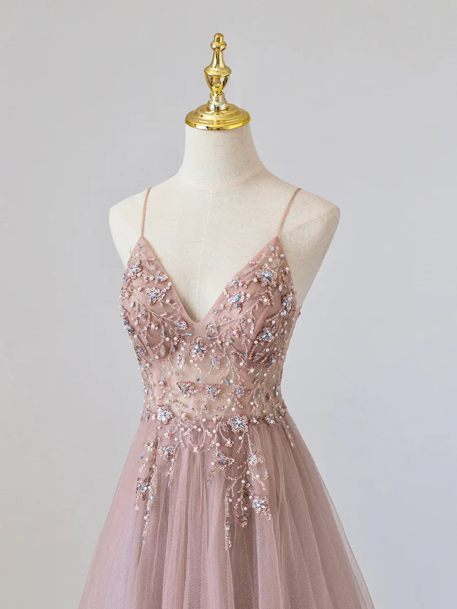 Charming V-Neck Sleeveless A-Line Beaded Floor-Length Prom Dress