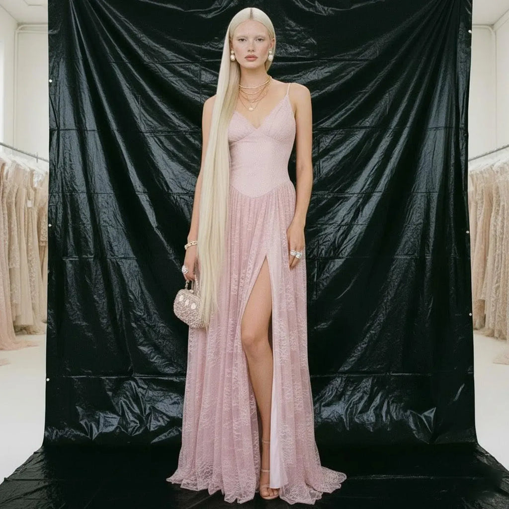 Prom Dress For Prom Night Blush Lace V Neck Spaghetti Straps High Slit Floor Length Glamorous Elegant