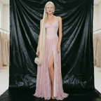 Prom Dress For Prom Night Blush Lace V Neck Spaghetti Straps High Slit Floor Length Glamorous Elegant