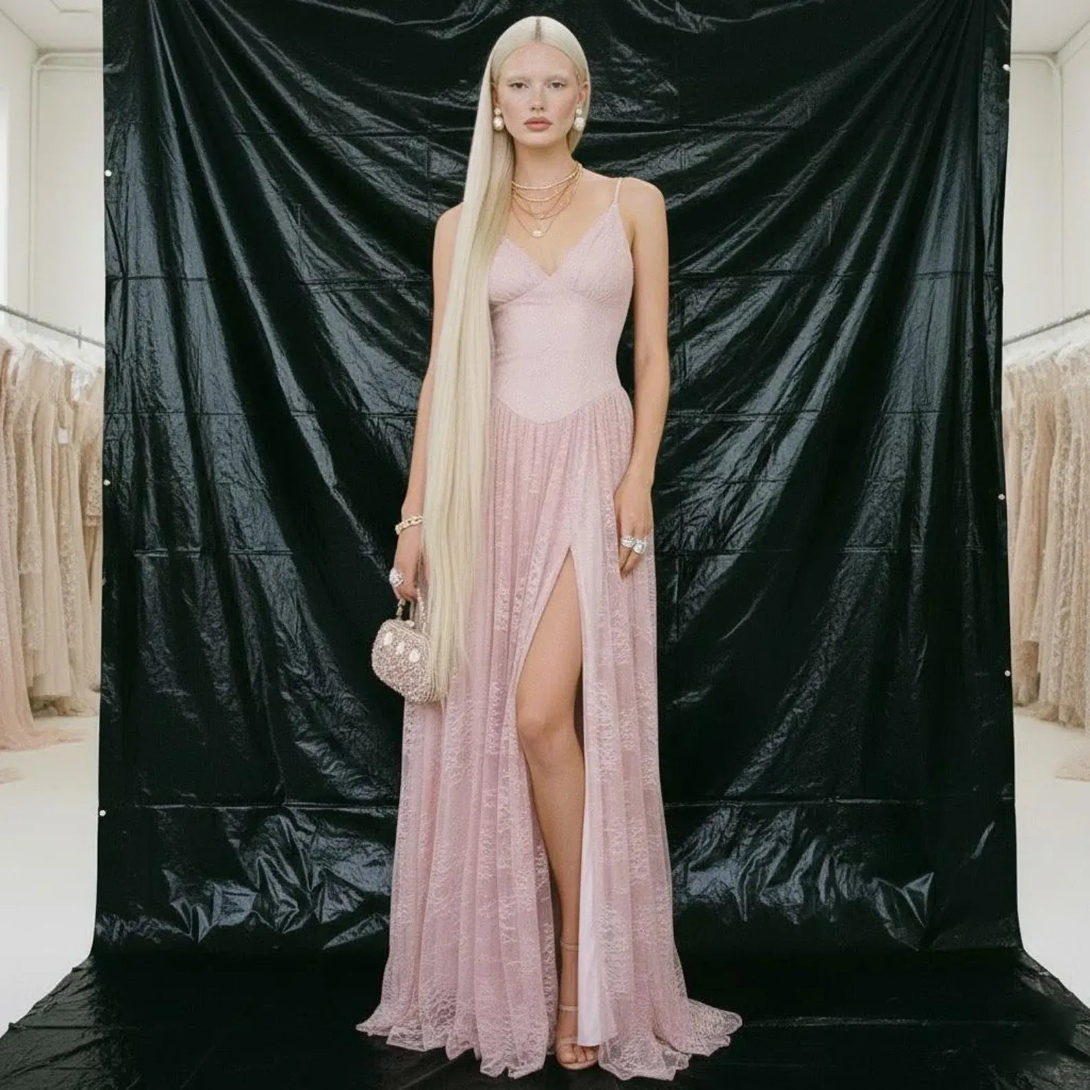 Prom Dress For Prom Night Blush Lace V Neck Spaghetti Straps High Slit Floor Length Glamorous Elegant