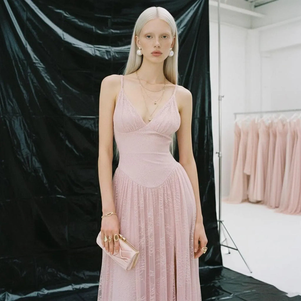 Prom Dress For Prom Night Blush Lace V Neck Spaghetti Straps High Slit Floor Length Glamorous Elegant