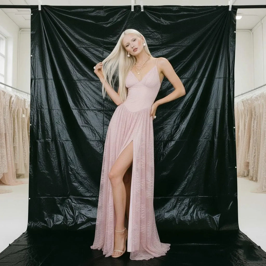 Prom Dress For Prom Night Blush Lace V Neck Spaghetti Straps High Slit Floor Length Glamorous Elegant