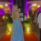 Charming V Neck Sleeveless Ball Gown Appliques Sweep Train Prom Dress
