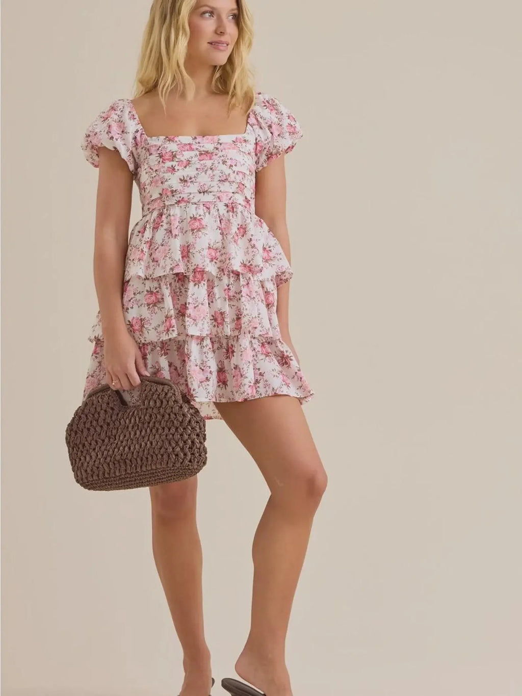 Pink Charming A-Line Square Neck Puff Sleeve Ruffled Floral Mini Homecoming Dress