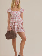 Pink Charming A-Line Square Neck Puff Sleeve Ruffled Floral Mini Homecoming Dress