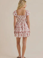 Pink Charming A-Line Square Neck Puff Sleeve Ruffled Floral Mini Homecoming Dress