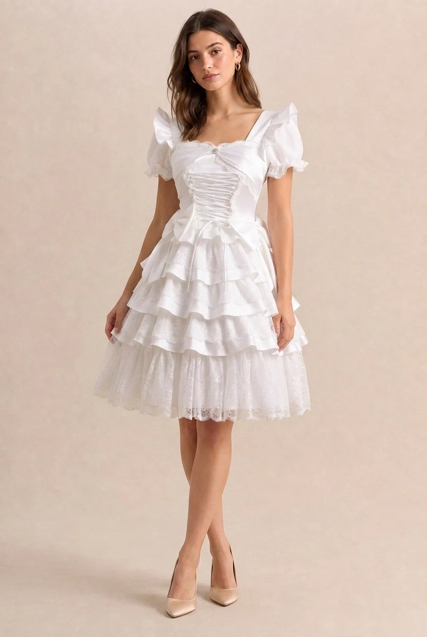 Ivory Charming A-Line Square Neck Puff Sleeve Tie Ruffle Ivory Mini Homecoming Dress