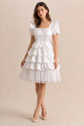Ivory Charming A-Line Square Neck Puff Sleeve Tie Ruffle Ivory Mini Homecoming Dress
