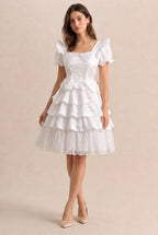 Ivory Charming A-Line Square Neck Puff Sleeve Tie Ruffle Ivory Mini Homecoming Dress