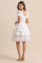 Ivory Charming A-Line Square Neck Puff Sleeve Tie Ruffle Ivory Mini Homecoming Dress