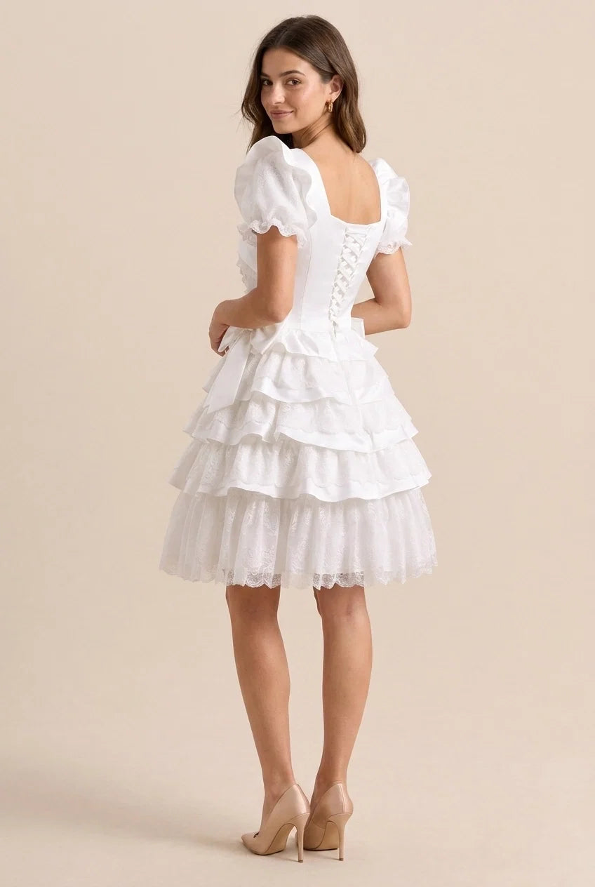 Ivory Charming A-Line Square Neck Puff Sleeve Tie Ruffle Ivory Mini Homecoming Dress