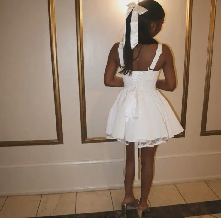 Charming A-Line Square Neck Sleeveless Corset Lace-Up White Mini Homecoming Dress